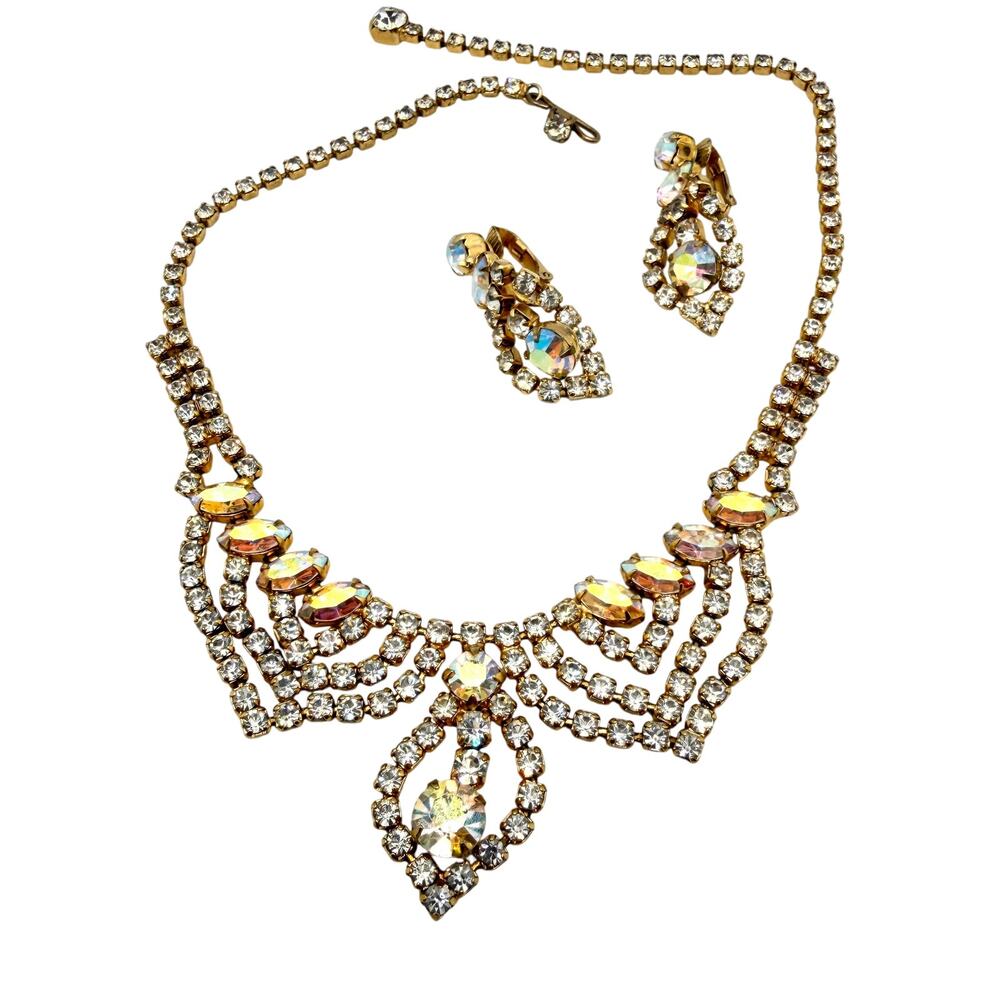 Vintage 50s Aurora Borealis Rhinestone Gold Tone Bib Necklace Earring Set